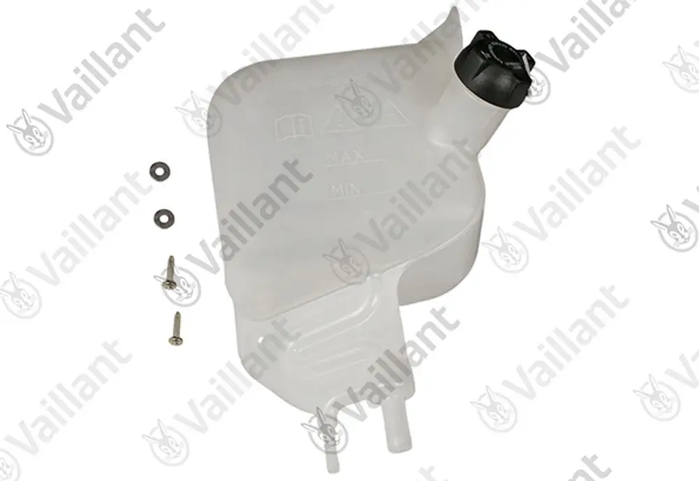Vaillant Kühlwasserbehälter in transparenter Ausführung, mit Deckel und zwei Anschlüssen. Dazu gehören Gummidichtungen und Schrauben für die Befestigung.